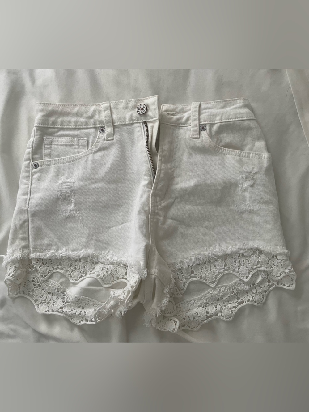 White Lace Trim Denim Shorts